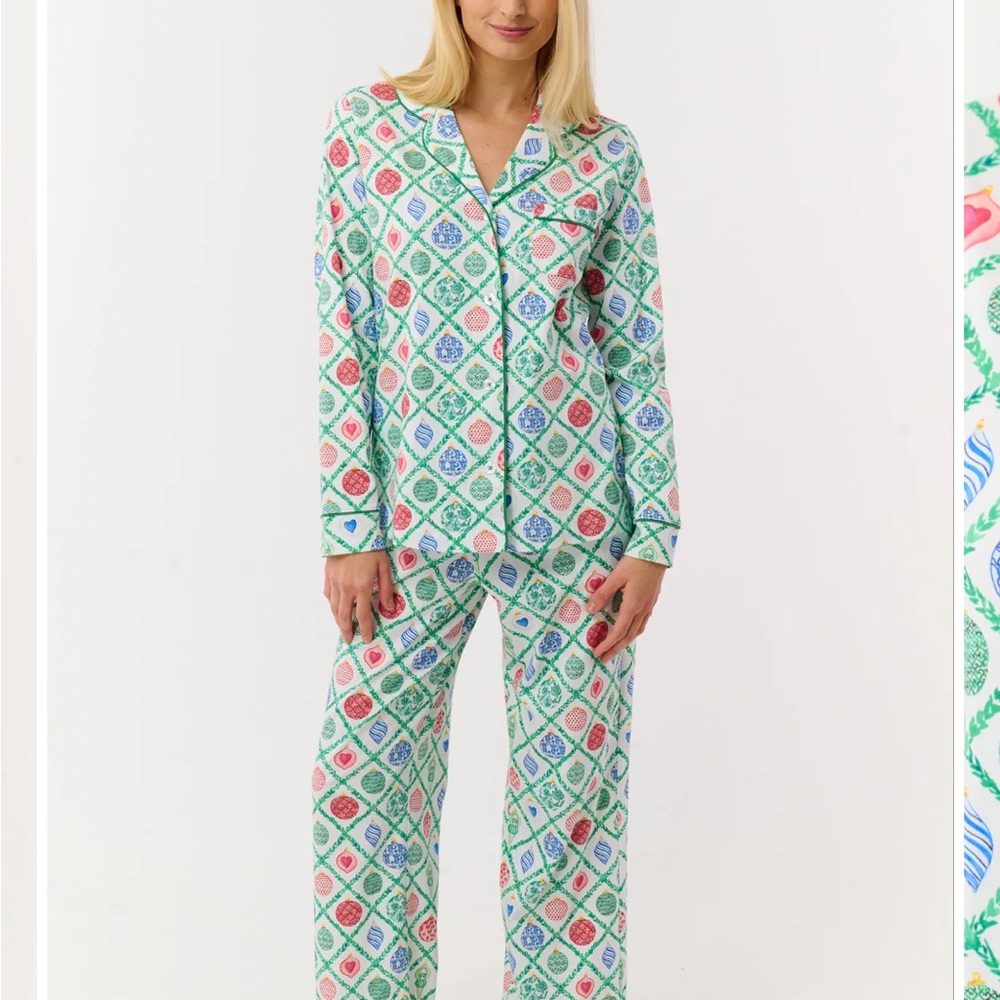 Roller Rabbit 2025 Ornament Trellis Long Sleeve Polo Pajamas